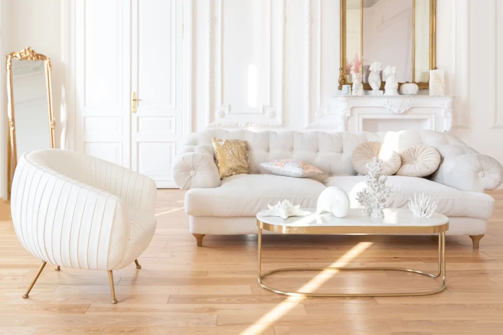 white and gold living room