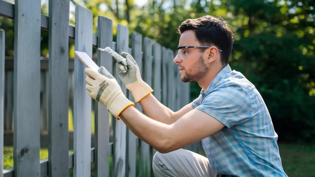 man protective gloves is painting wooden fence bright summer day 1042628 470370