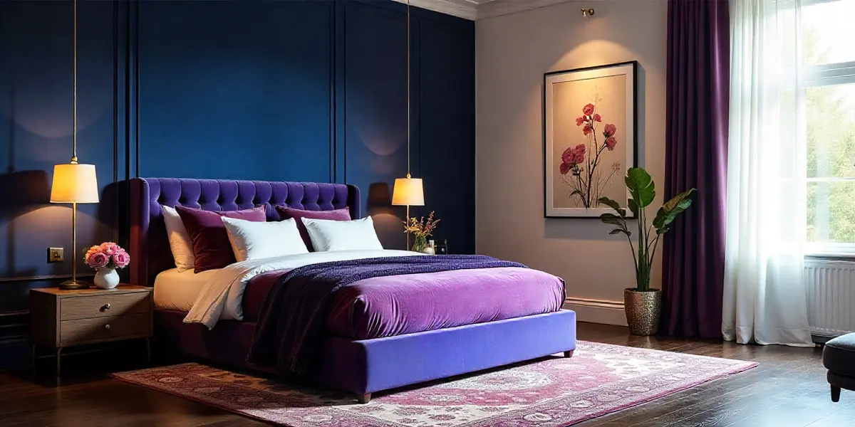 this is Deep Blues & Purples Bedroom Feature Wall Colours